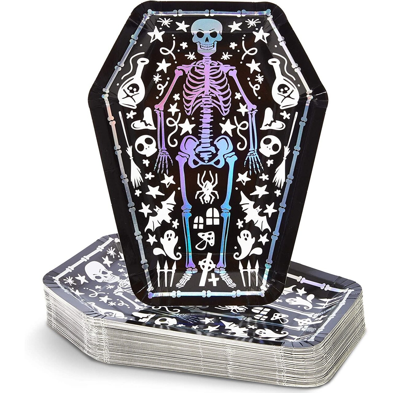 Spooky Central 48-Pack Skeleton Coffin Halloween Plates, 10-Inch Disposable Spooky Plates, Cute Coffin Paper Plates for Black Halloween Party Supplies, Vintage Skeleton Design